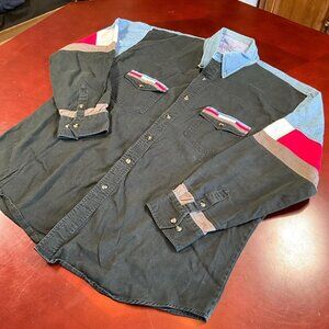 VTG Express Rider Western Colorblock Cowboy Aztec Button Down Rodeo Shirt (XL)